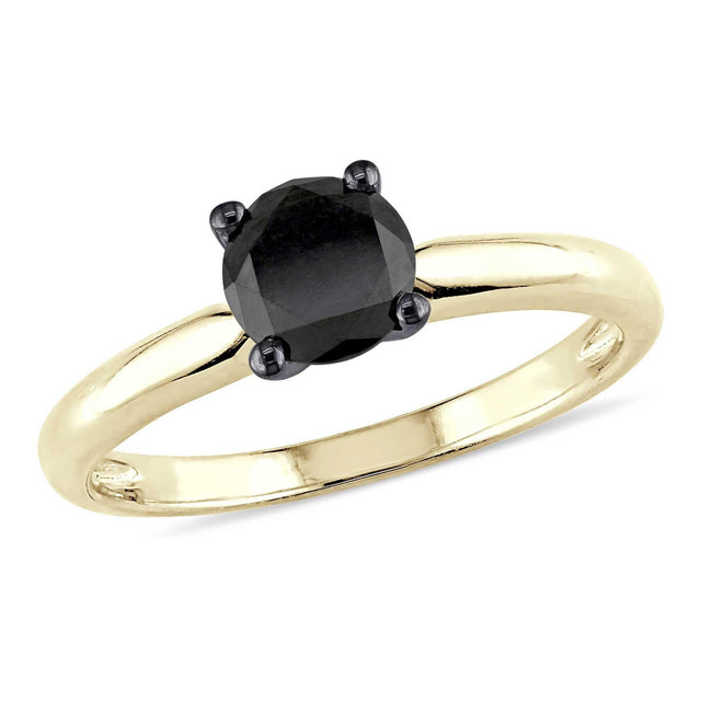 1ct Round Treated Black Diamond Yellow Gold Solitaire Engagement Ring - Size 5