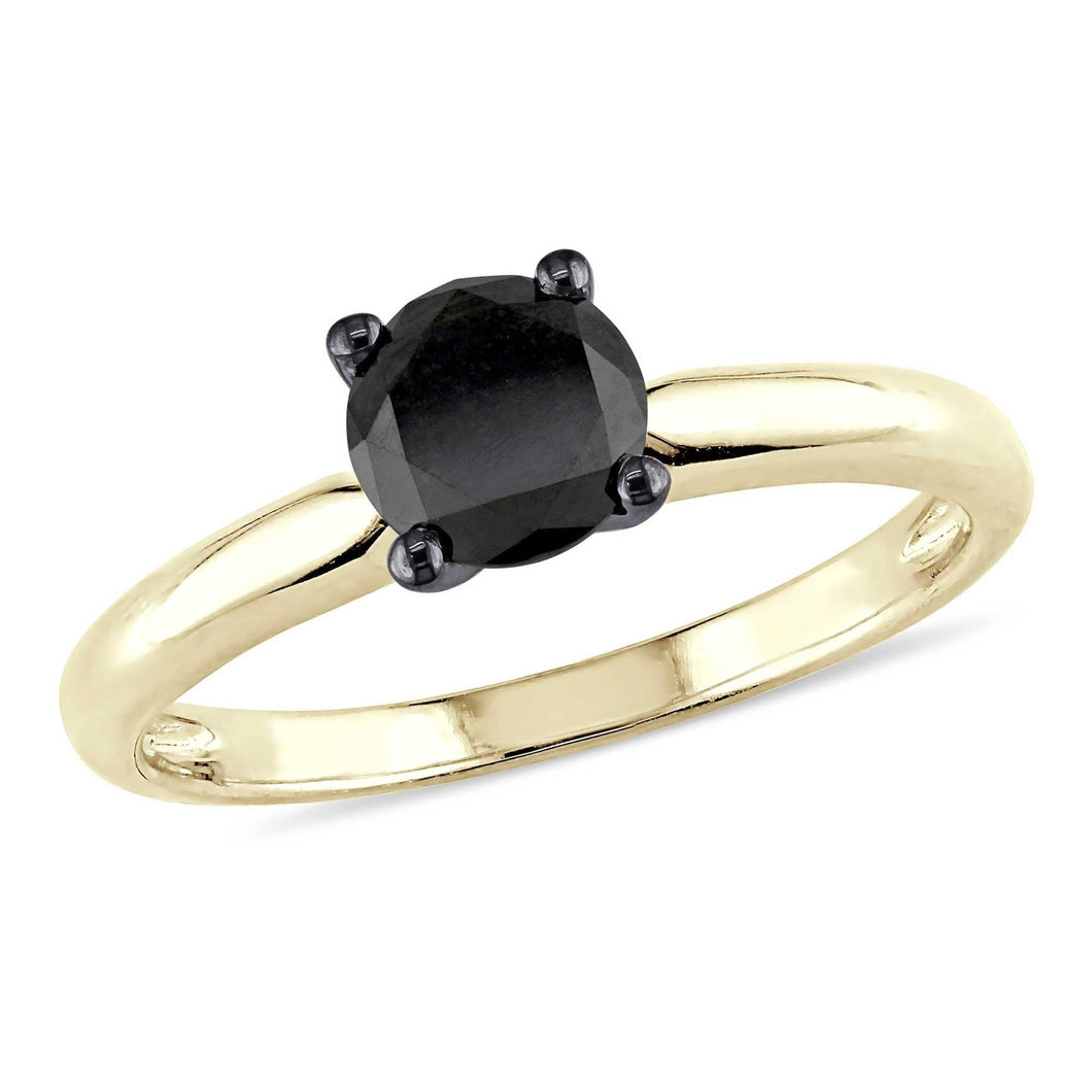 1ct Round Treated Black Diamond Yellow Gold Solitaire Engagement Ring - Size 5