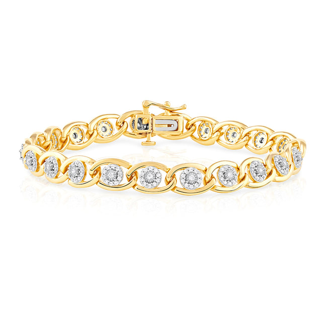 1ctw Diamond Cluster Yellow Gold Link Bracelet