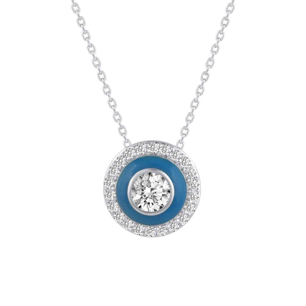 1ctw Diamond and Blue Enamel Sterling Silver Halo Pendant Necklace