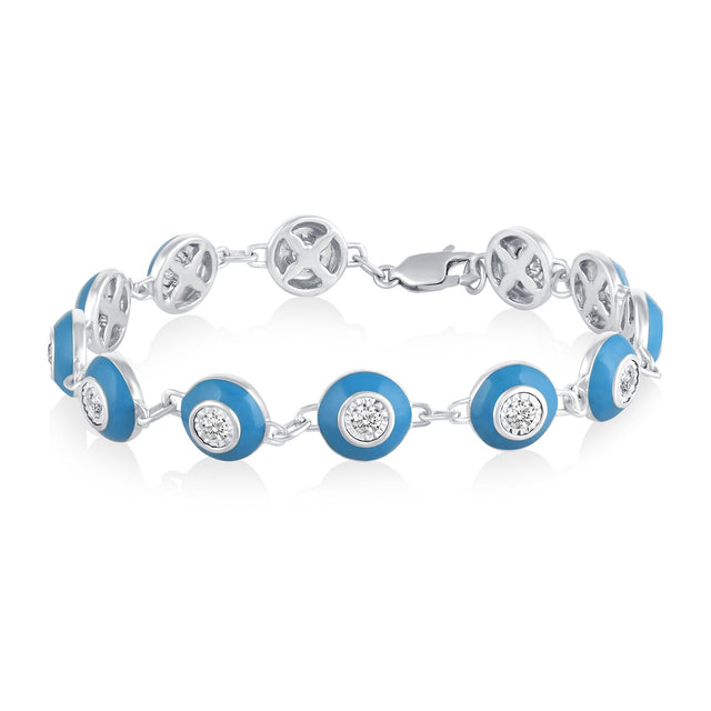 1ctw Diamond and Blue Enamel Sterling Silver Link Bracelet