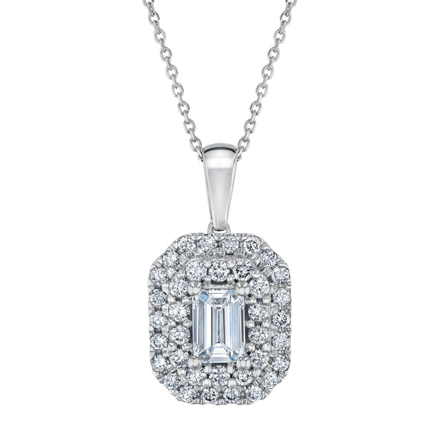 1ctw Emerald Lab Grown Diamond Double Halo White Gold Pendant Necklace