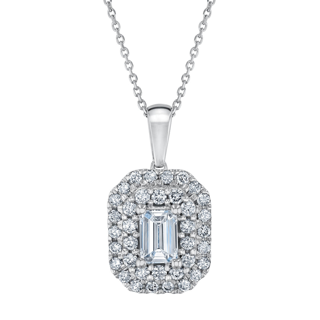 1ctw Emerald Lab Grown Diamond Double Halo White Gold Pendant Necklace