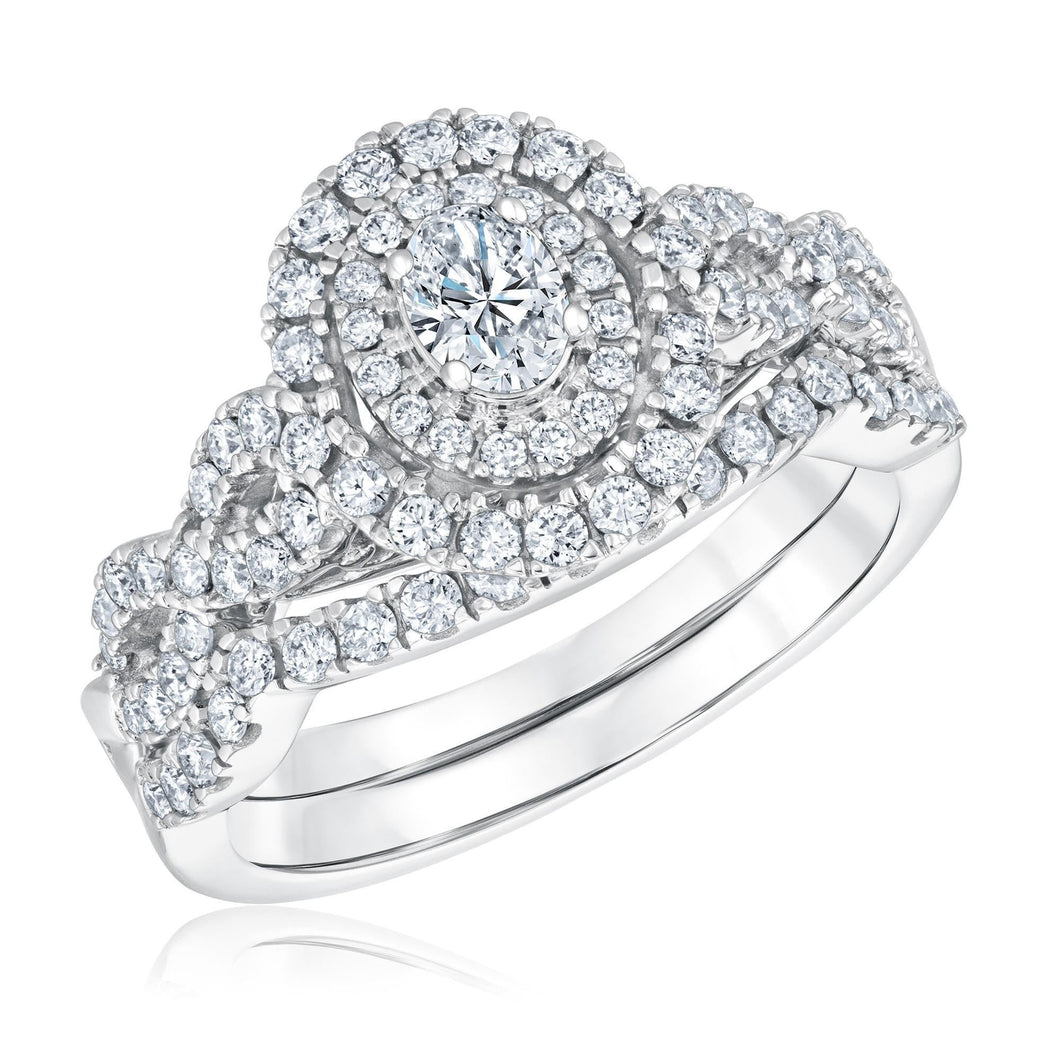 1ctw Oval Diamond Double Halo White Gold Engagement Ring and Wedding Band Set | Couture Collection