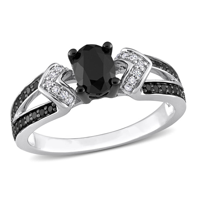 1ctw Oval Treated Black Diamond and Diamond Geometric Sterling Silver Engagement Ring - Size 5