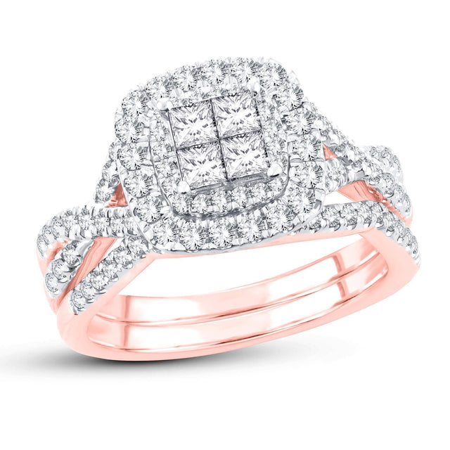 1ctw Princess Diamond Cluster Rose Gold Halo Engagement and Wedding Ring Bridal Set | Blush Collection - Size 6