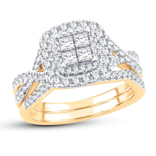 1ctw Princess Diamond Cluster Yellow Gold Halo Engagement and Wedding Ring Bridal Set | Glow Collection - Size 6