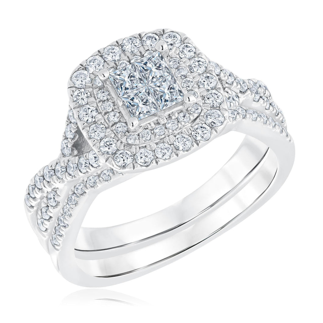 1ctw Princess Diamond Composite Double Halo White Gold Engagement and Wedding Ring Bridal Set | Harmony Collection
