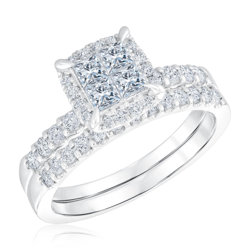 1ctw Princess Diamond Halo White Gold Engagement and Wedding Ring Bridal Set | Harmony Collection