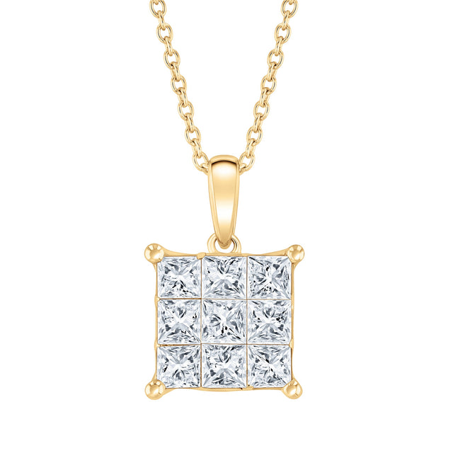 1ctw Princess Diamond Yellow Gold Pendant Necklace