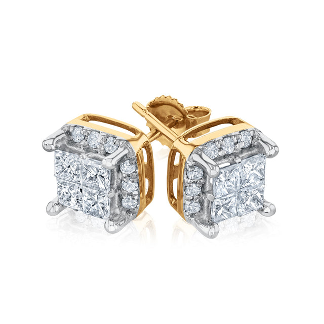 1ctw Princess Diamond Yellow Gold Stud Earrings