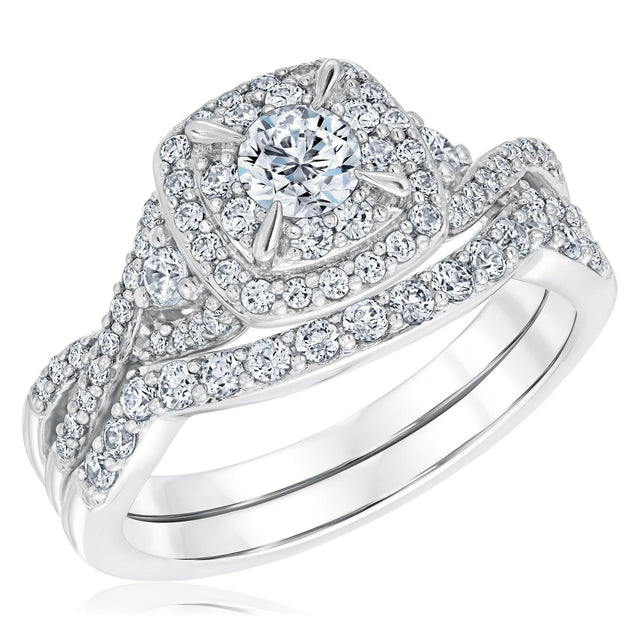 1ctw Round Diamond Cushion Halo Twist Band White Gold Engagement and Wedding Ring Bridal Set | Timeless Collection