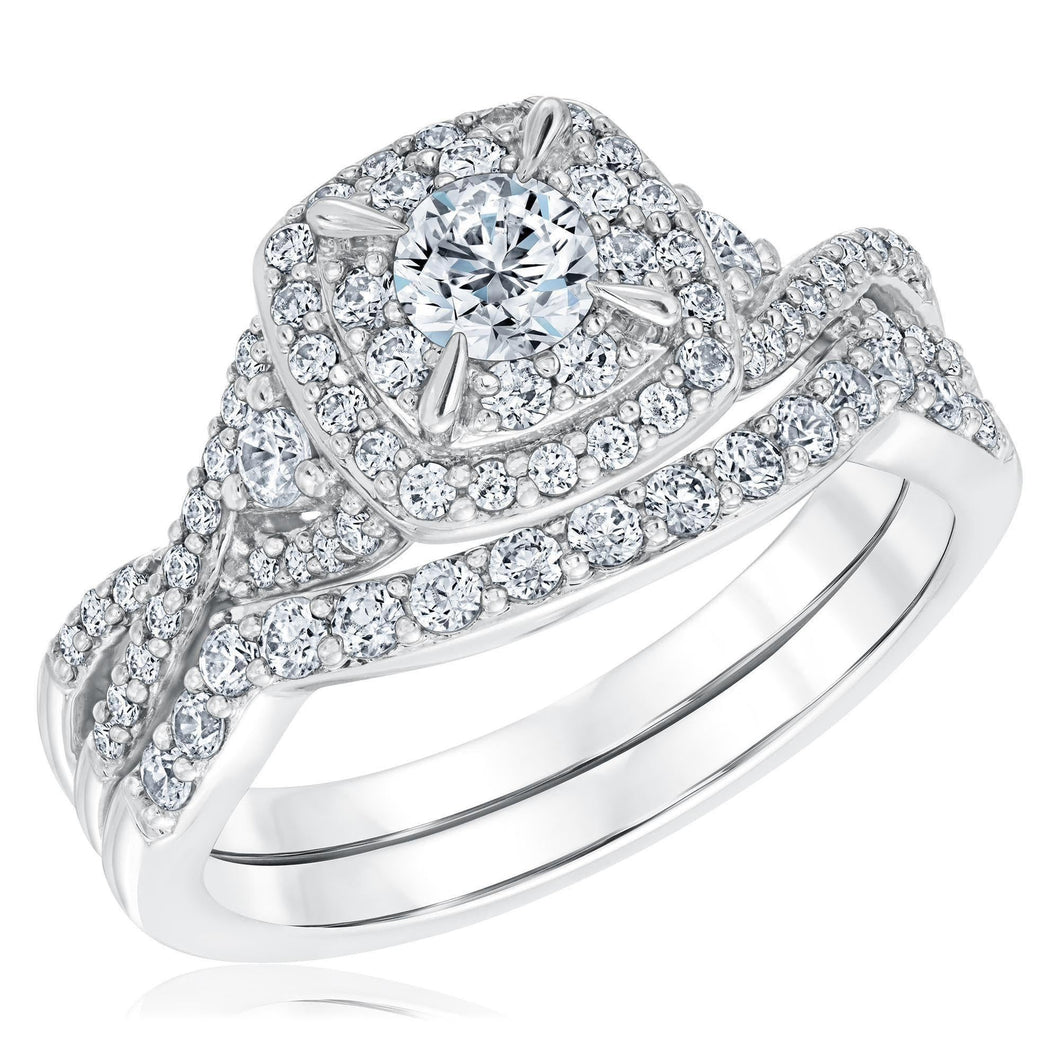 1ctw Round Diamond Cushion Halo Twist Band White Gold Engagement and Wedding Ring Bridal Set | Timeless Collection