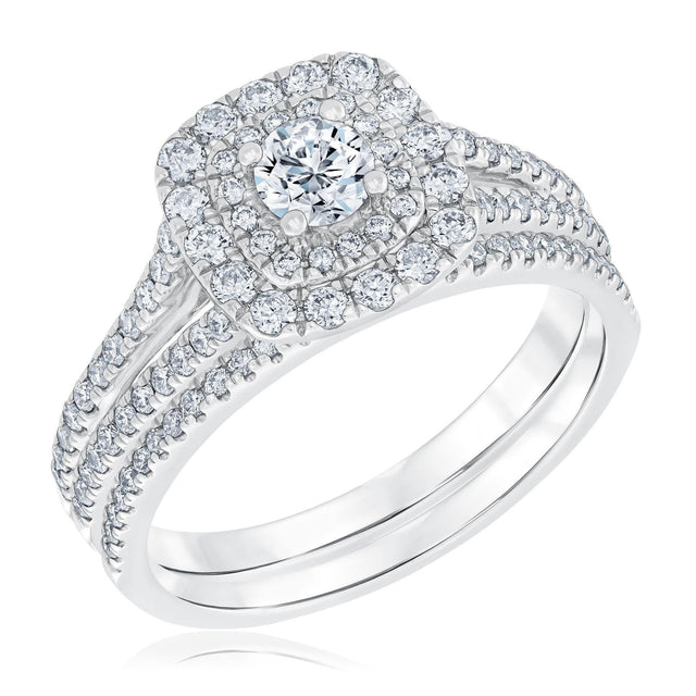 1ctw Round Diamond Double Cushion Halo Engagement and Wedding Ring Bridal Set | Timeless Collection