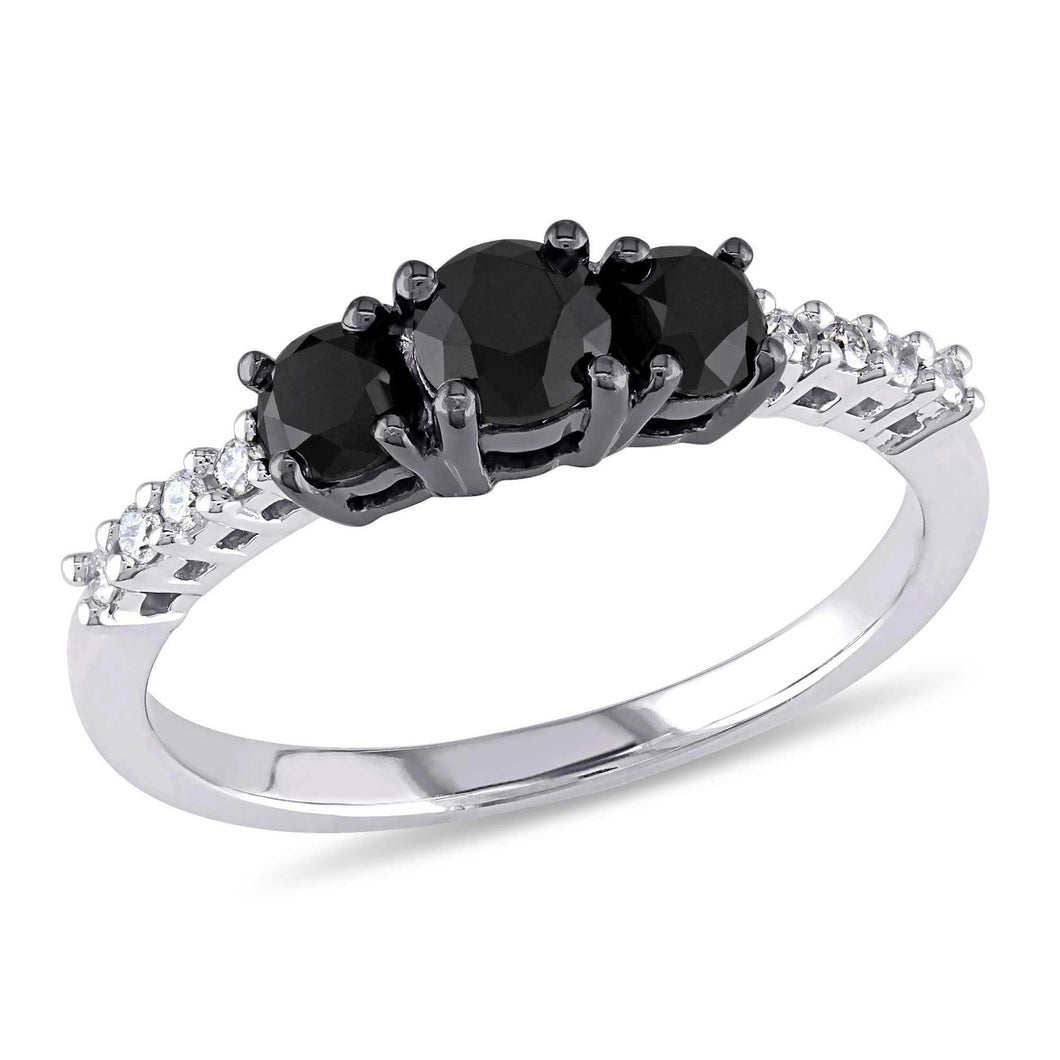 1ctw Round Treated Black Diamond and Diamond Three-Stone White Gold Engagement Ring - Size 10