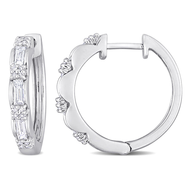 1ctw Round and Parallel Baguette Diamond Platinum Huggie Hoop Earrings