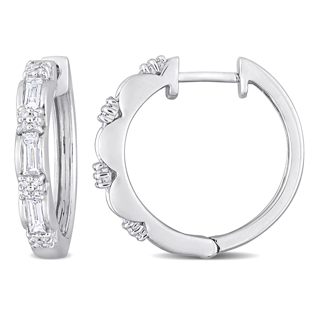 1ctw Round and Parallel Baguette Diamond Platinum Huggie Hoop Earrings