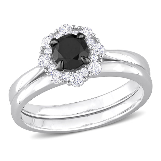 1ctw Treated Black Diamond and Diamond Halo White Gold Ring | Size 6