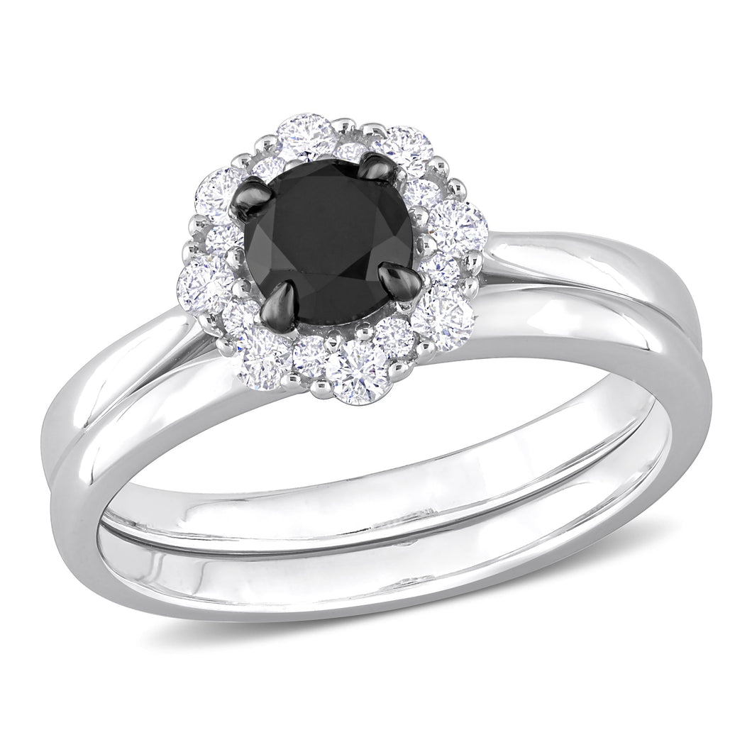 1ctw Treated Black Diamond and Diamond Halo White Gold Ring | Size 6