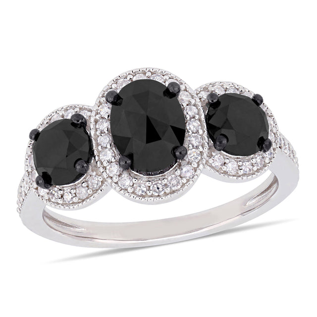 2 1/4ctw Treated Black Diamond and Diamond Sterling Silver Three-Stone Halo Engagement Ring - Size 7