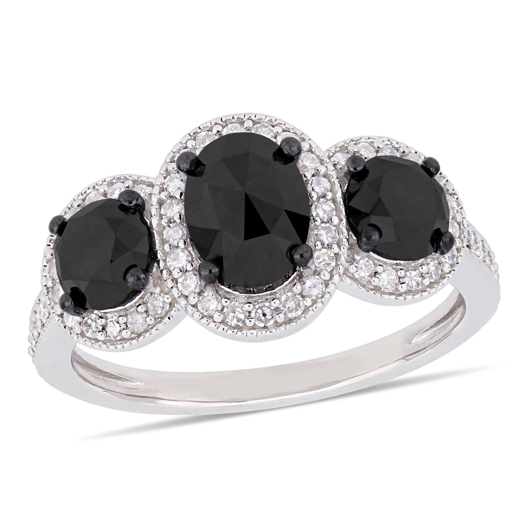 2 1/4ctw Treated Black Diamond and Diamond Sterling Silver Three-Stone Halo Engagement Ring - Size 7