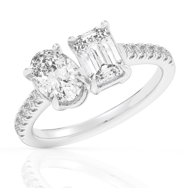 2 1/8ctw Oval and Emerald Lab Grown Diamond Toi et Moi White Gold Engagement Ring - Size 5