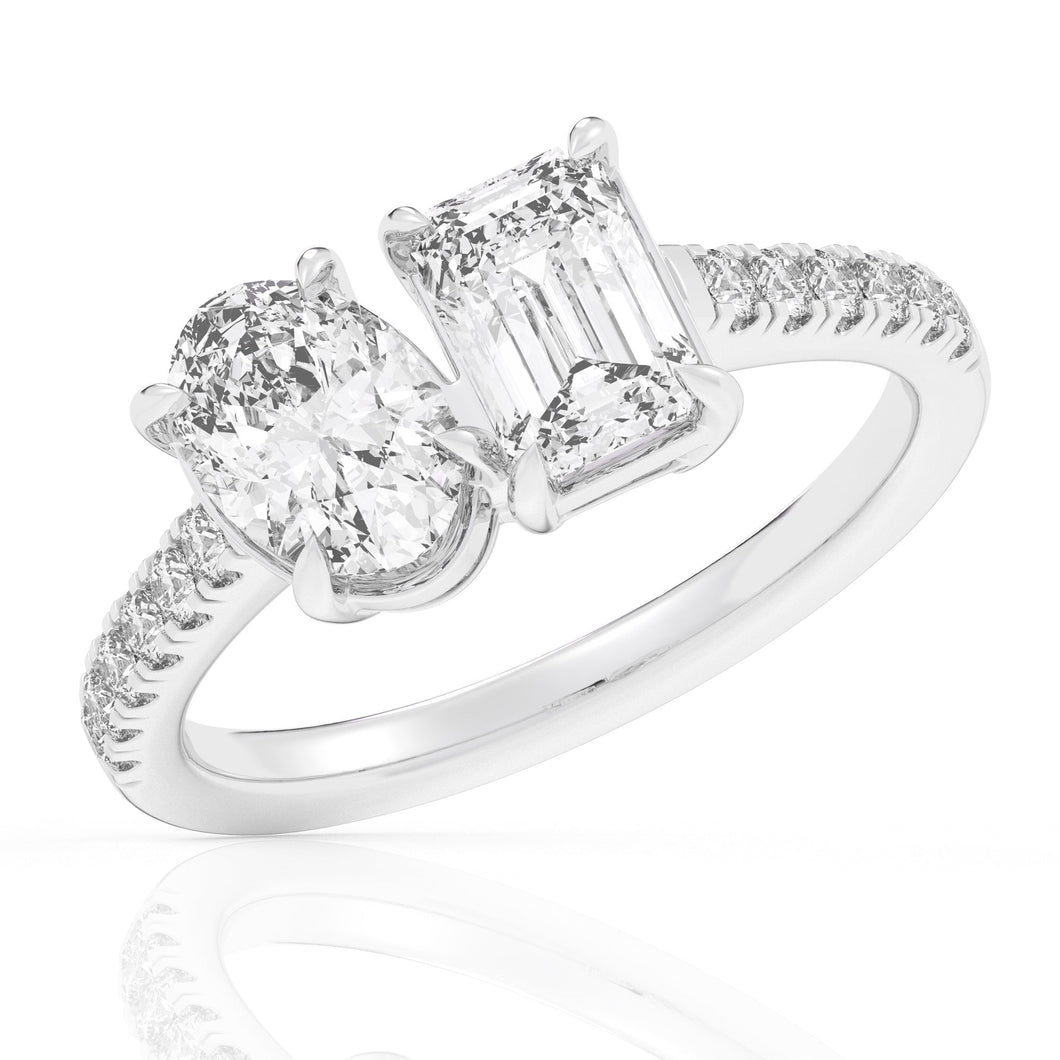 2 1/8ctw Oval and Emerald Lab Grown Diamond Toi et Moi White Gold Engagement Ring - Size 5