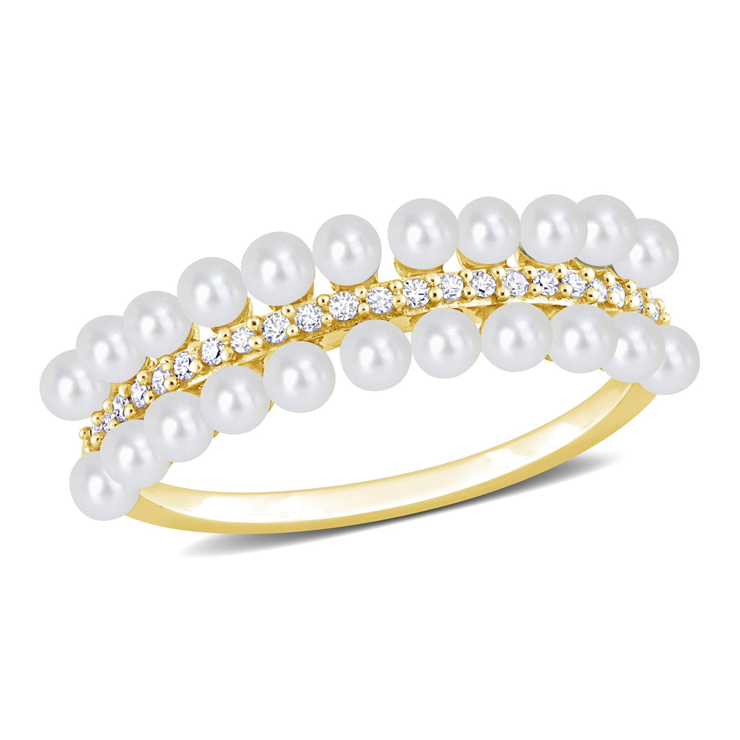 2-2.5mm White Freshwater Cultured Pearl 1/10ctw Diamond Yellow Gold Band Ring | Size 10