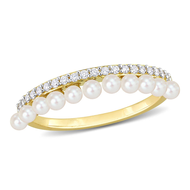 2-2.5mm White Freshwater Cultured Pearl 1/6ctw Diamond Yellow Gold Band Ring | Size 10