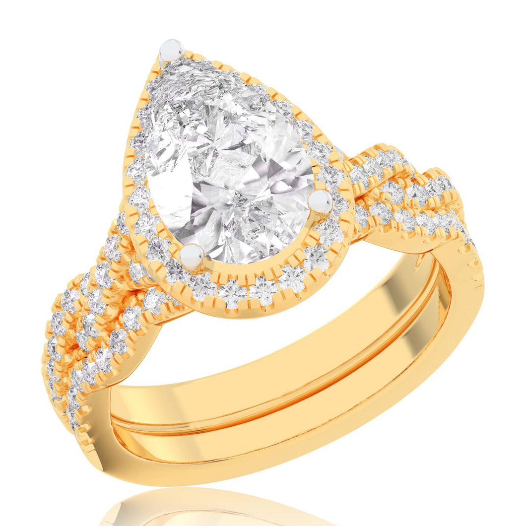2 5/8ctw Pear Lab Grown Diamond Halo Twist Band Yellow Gold Engagement and Wedding Ring Bridal Set - Size 5