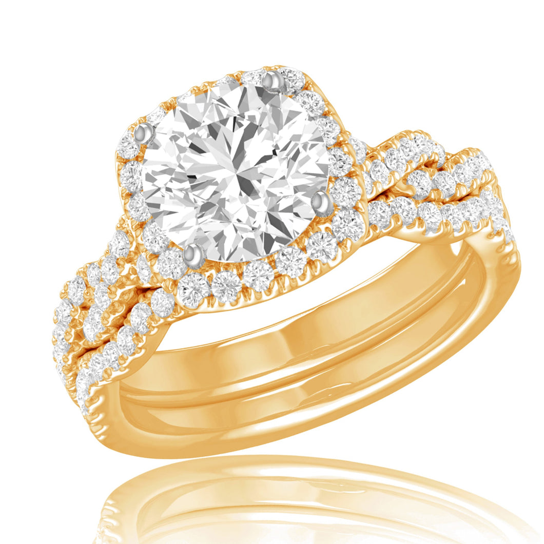 2 5/8ctw Round Lab Grown Diamond Halo Twist Band Yellow Gold Engagement and Wedding Ring Bridal Set - Size 5