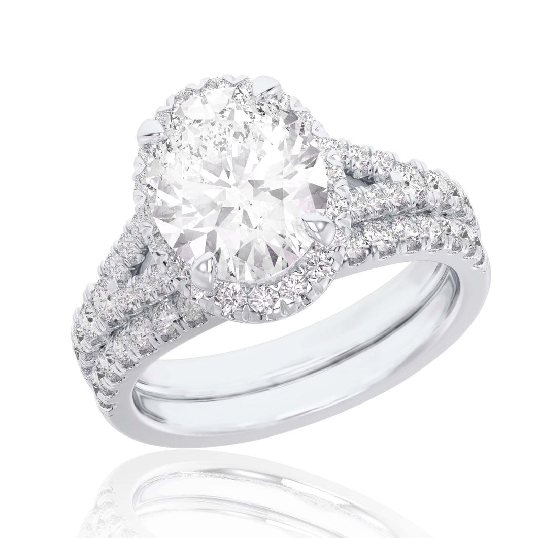 2 7/8ctw Oval Lab Grown Diamond Halo White Gold Engagement and Wedding Ring Bridal Set - Size 5