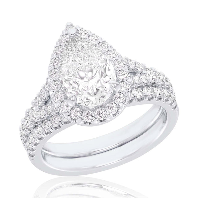 2 7/8ctw Pear Lab Grown Diamond Halo White Gold Engagement and Wedding Ring Bridal Set - Size 7