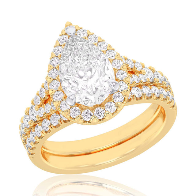 2 7/8ctw Pear Lab Grown Diamond Halo Yellow Gold Engagement and Wedding Ring Bridal Set - Size 5