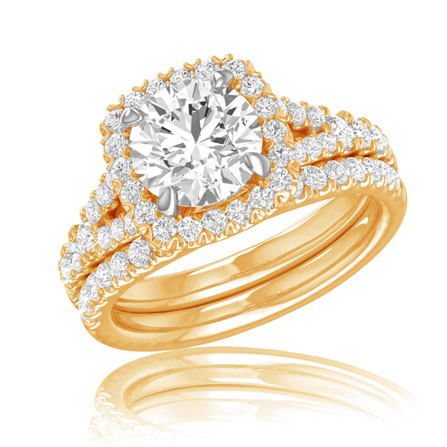 2 7/8ctw Round Lab Grown Diamond Halo Yellow Gold Engagement and Wedding Ring Bridal Set - Size 5