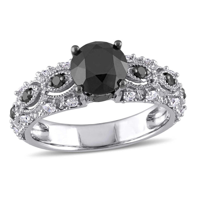 2ctw Black Diamond and Diamond Vintage-Inspired White Gold Engagement Ring - Size 4.5