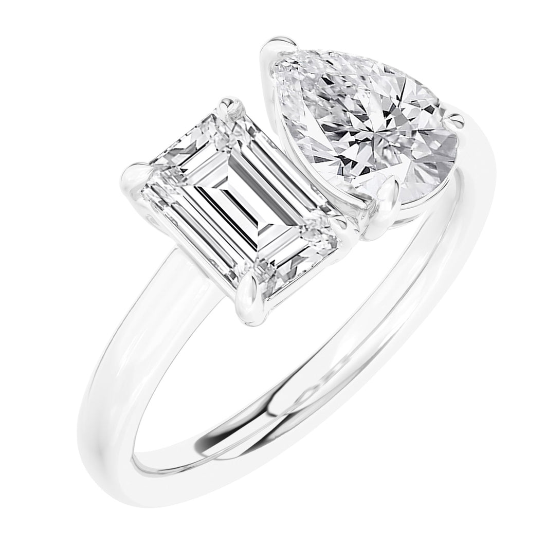 2ctw Emerald and Pear Lab Grown Diamond Toi et Moi White Gold Engagement Ring - Size 5