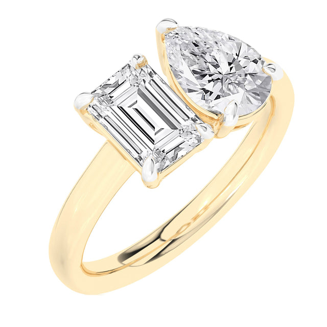 2ctw Emerald and Pear Lab Grown Diamond Toi et Moi Yellow Gold Engagement Ring - Size 5