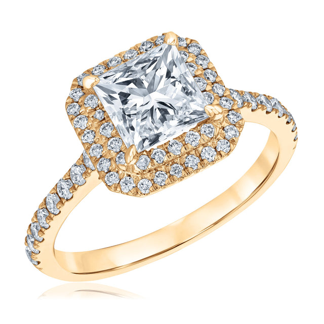 2ctw Princess Lab Grown Diamond Double Halo Yellow Gold Engagement Ring