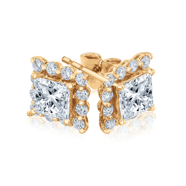 2ctw Princess Lab Grown Diamond Yellow Gold Stud Earrings