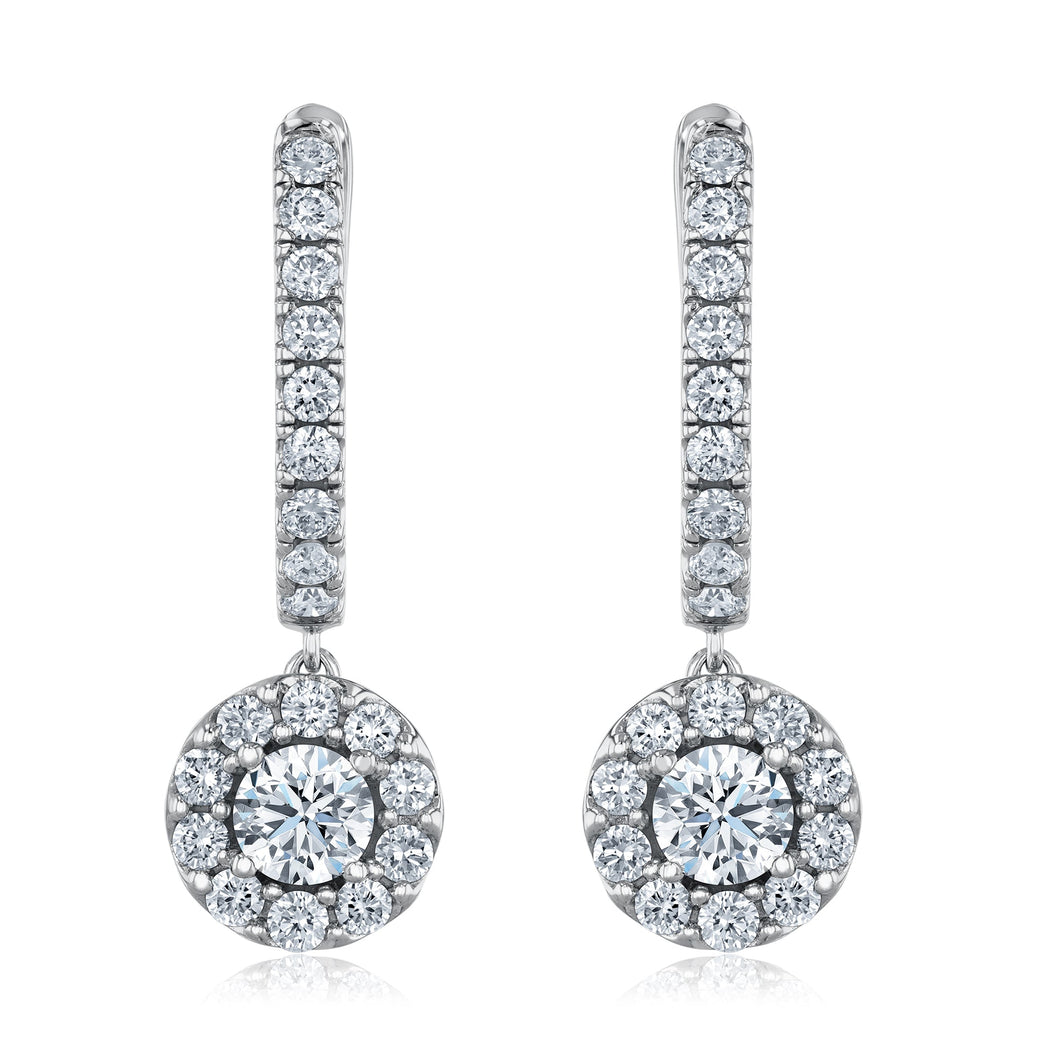 2ctw Round Lab Grown Diamond White Gold Halo Drop Earrings