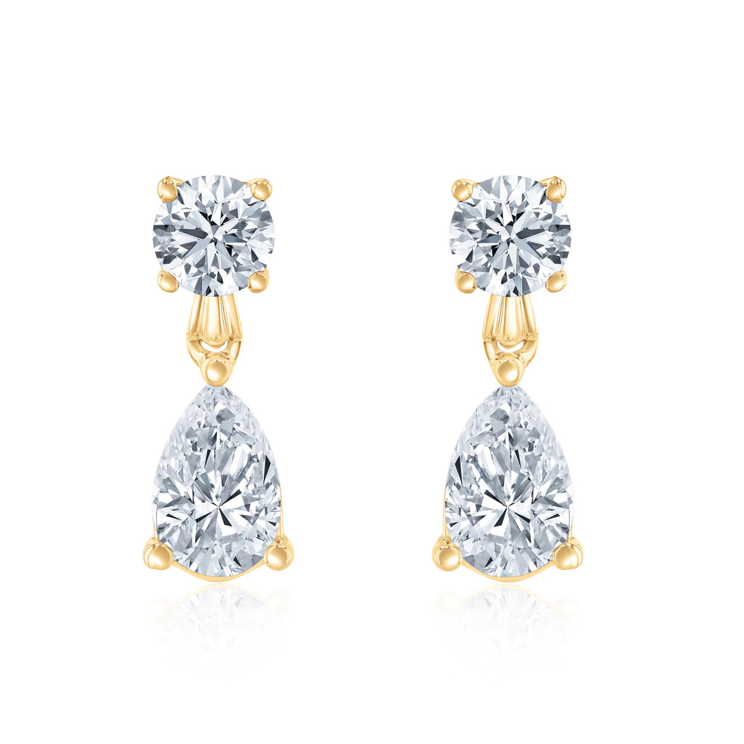 2ctw Round and Pear Lab Grown Diamond Yellow Gold Drop Earrings