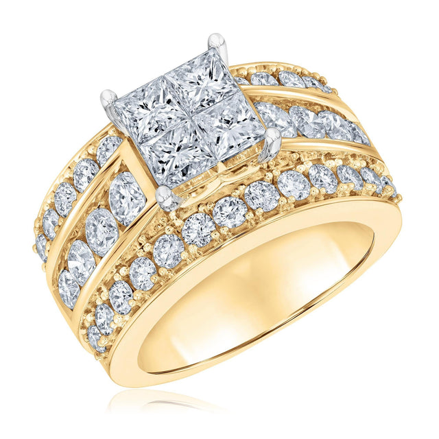 3 1/2ctw Princess Diamond Composite Multi-Row Yellow Gold Engagement Ring | Glow Collection