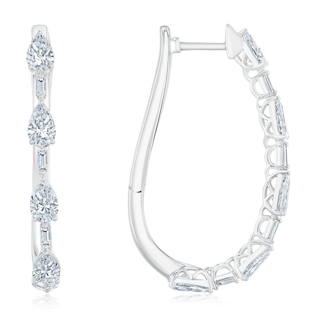 3 1/4ctw Pear and Baguette Lab Grown Diamond White Gold Hoop Earrings