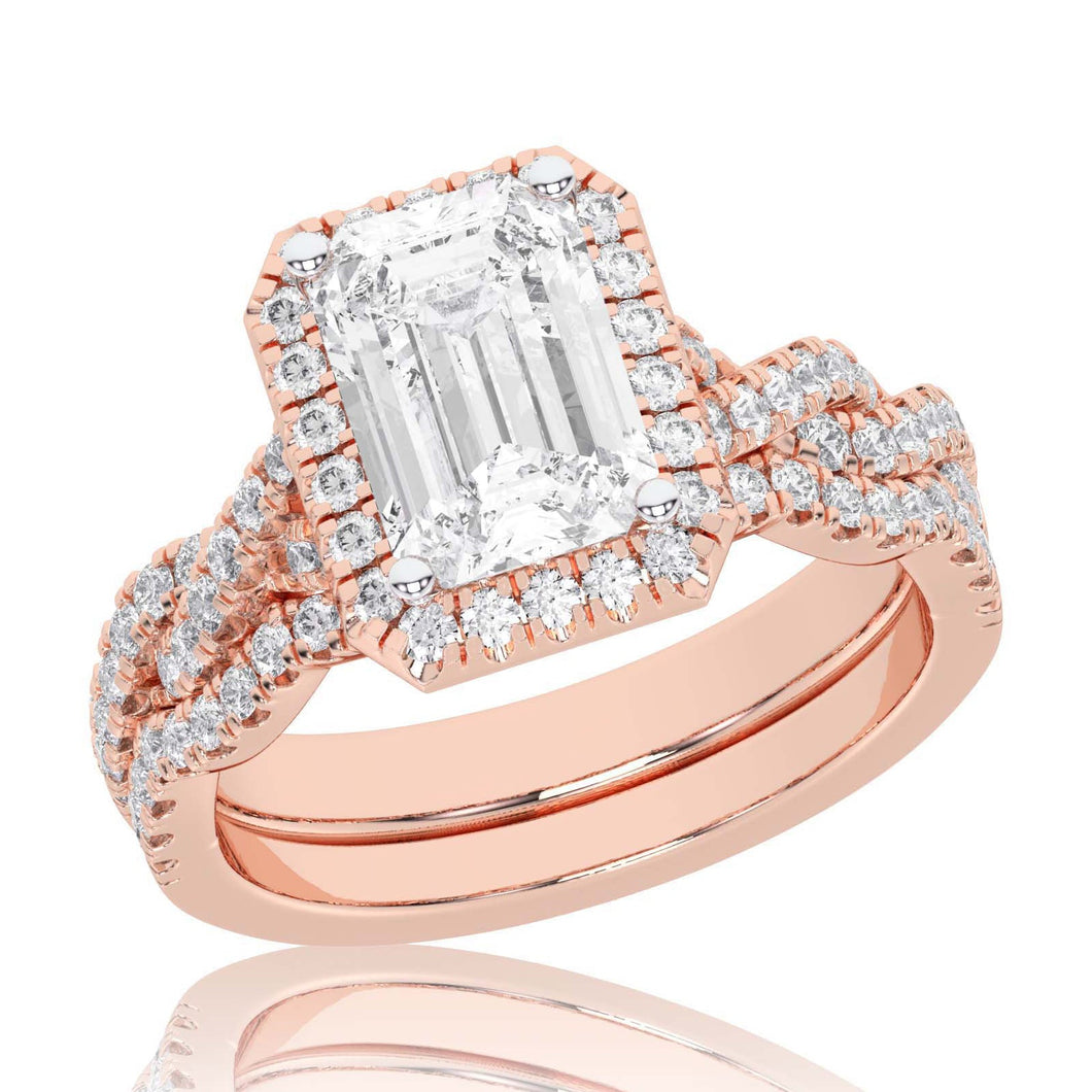 3 3/4ctw Emerald Lab Grown Diamond Halo Twist Band Rose Gold Engagement and Wedding Ring Bridal Set - Size 5