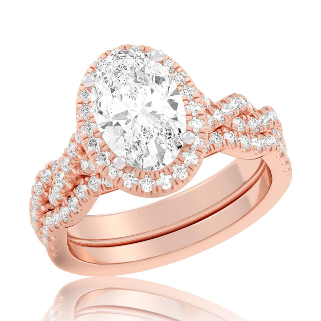 3 3/4ctw Oval Lab Grown Diamond Halo Twist Band Rose Gold Engagement and Wedding Ring Bridal Set - Size 5
