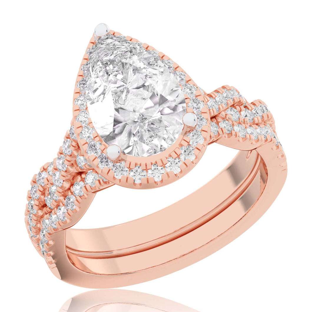3 3/4ctw Pear Lab Grown Diamond Halo Twist Band Rose Gold Engagement and Wedding Ring Bridal Set - Size 5