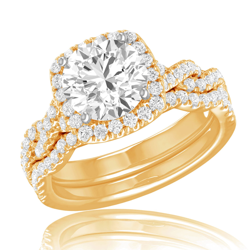 3 3/4ctw Round Lab Grown Diamond Halo Twist Band Yellow Gold Engagement and Wedding Ring Bridal Set - Size 5