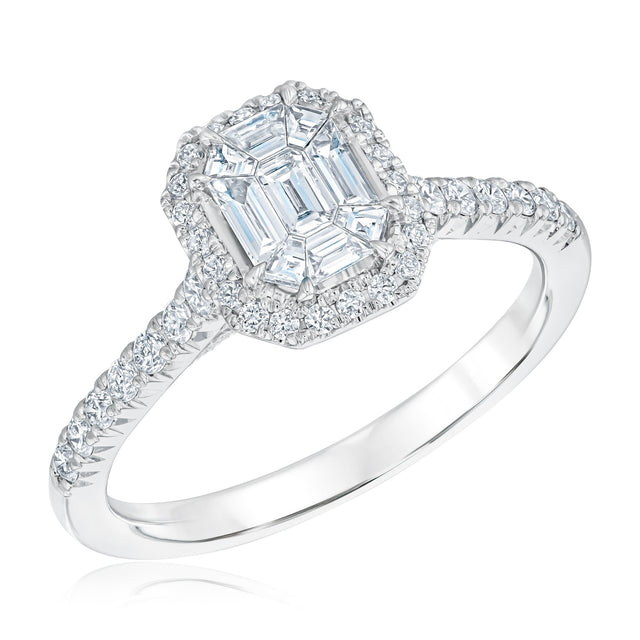 3/4ctw Emerald-Shape Diamond Composite Halo White Gold Engagement Ring | Harmony Collection