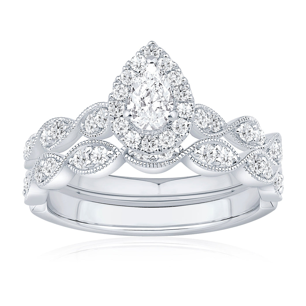 3/4ctw Pear Diamond Halo White Gold Engagement and Wedding Ring Bridal Set - Couture Collection